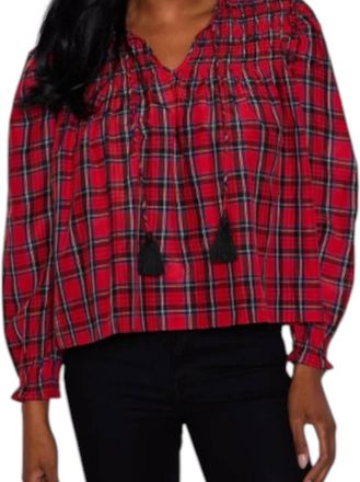 Sail to Sable Long Sleeve Tassel Front Blouse In Red Tartan