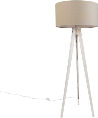 QAZQA Rústico Lámpara de pie trípode blanca con pantalla de tela marrón claro de 50 cm - Tripod Classic Madera /Textil Redonda Adecuado para led Max. 1 x