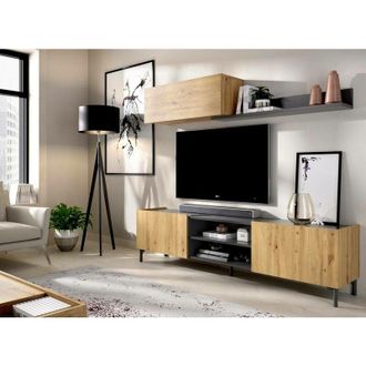 Dmora Dmora - Mueble de pared Korab, Conjunto de salón con soporte tv, Mueble de salón polivalente, 182x35h180 cm, Roble Nodo y Antracita