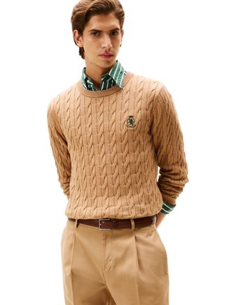 Tommy Hilfiger Mens Crest Cable Knit Crewneck Sweater Lightweight Pullover, Safari Canvas Heather, Medium