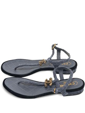 Chanel tweed logo t-strap sandals - women - Fabric/Calf Leather/Calf Leather - 37 - Blue