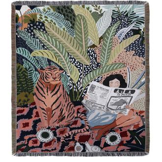 OEM Manta De Punto De 1 Pieza De 160x130 Cm Con Dise&ntilde;o De Tigre Y Mujer, Decorada Con Flecos Bohemios, Sencilla, Suave, C&oacute;moda Y C&aacute;lida Para Sof&aacute;, Sill&oacute;n,