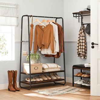 Vasagle Heavy Duty Clothes Rail 2 Shelf Steel Frame 6 S Hooks in Brown