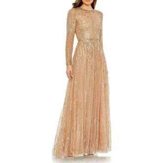 Mac Duggal Sequined Illusion High Neck Long Sleeve Gown in Latte at Nordstrom, Size 16