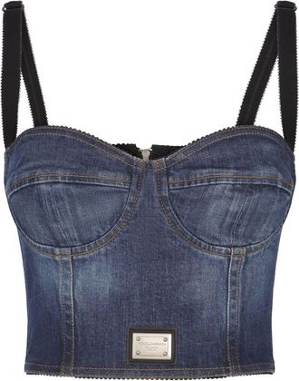 Dolce & Gabbana logo-plaque denim crop top - women - Cotton/Polyamide/Elastane - 38 - Blue