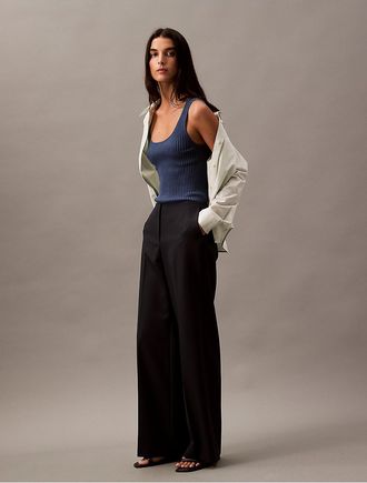 Calvin Klein Womens Pinstripe Crepe Wide Leg Trouser - Black - 10W x RL