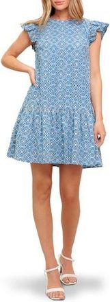 Flying Tomato Embroidered Eyelet Cap Sleeve Drop Waist Dress in Blue/Ivory at Nordstrom Rack, Size Medium