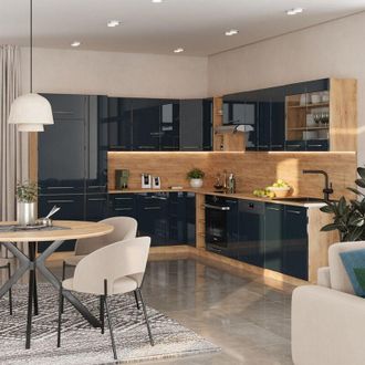 Vicco Cocina Esquinera Fame-line, Azul Oscuro Alto Brillo/roble Dorado, 257 X 60 Cm Sin Encimera