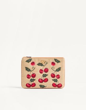 Valentino Garavani Pochette VLogo Signature In Rafia Jacquard Con Motivo Cherryfic Donna NATURALE/ROSSO UNI