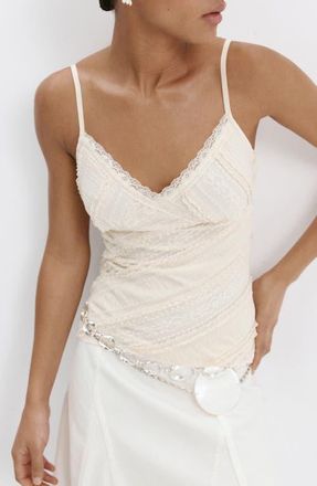 Mango V-Neck Lace Top in Vanilla at Nordstrom, Size X-Small