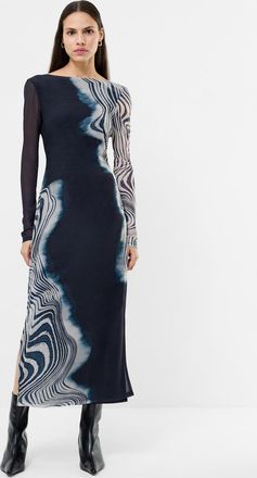 French Connection Womens Navy Marble Print Mesh Long Sleeve Side Slit Midi Dress - Size X-Small