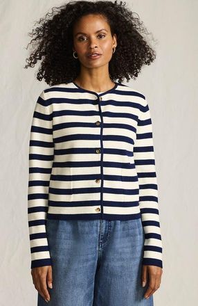 Lands End Fine Gauge Cotton Milano Blazer Sweater in Fresh Ivory/navy Breton Stripe at Nordstrom, Size X-Large Short
