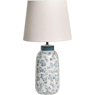 Beliani L&aacute;mpara De Mesa Estilo Mediterr&aacute;neo Base De Cer&aacute;mica Motivo Floral Pantalla De Lino En Forma De Tambor Blanco Y Azul Lempa