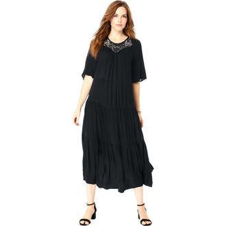 Roaman's Hand-Crinkled Crochet Neck Dress in Black at Nordstrom, Size 22