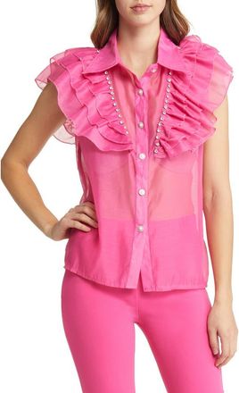 Nikki Lund Holly Rhinestone Ruffle Button-Up Blouse in Bright Pink at Nordstrom, Size Small