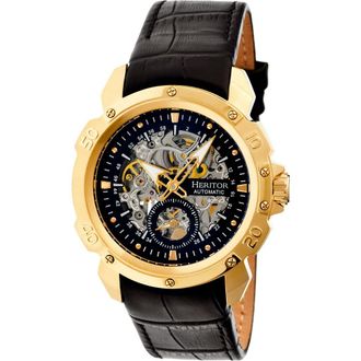 Heritor Conrad Skeleton Leather-Band Watch in Gold/black at Nordstrom