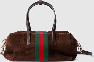 Gucci Small Boston Bag With Web, Brown, Suede