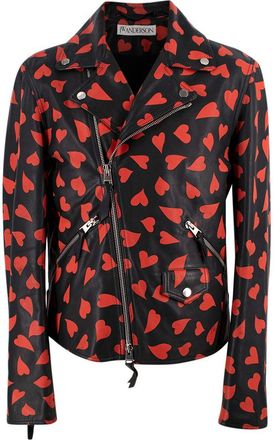 J.W.Anderson Red & Black Heart Print Leather Biker Jacket Size M