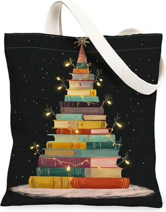 Generic Christmas Books Canvas Tote Bag, Holiday Stack of Books Design Reusable Grocery Bag, Lightweight Washable Shoulder Strap Ca, Black, 13x15 Inch
