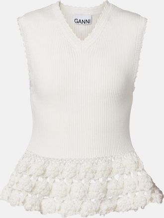 Ganni Crochet-trimmed ribbed cotton-blend top