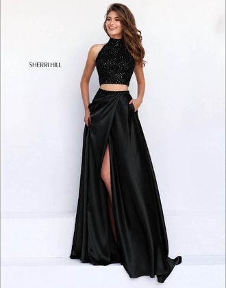 Sherri Hill Two Piece Halter High Slit Prom Gown Dress In Black
