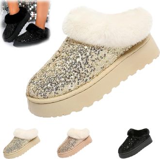 Generic Womens Platform Glitters Sequin Flat Slipperses, Glitter Sequins Fuzzy Slippers,Warm Glitter Sequin Winter Snow Boots,Winter Snow Boots Fuzzy Fluffy L