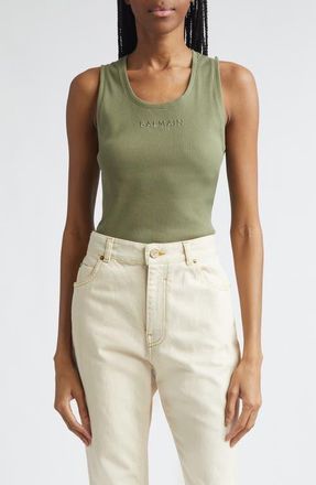 Balmain Paris Logo Embroidered Cotton Jersey Tank in Uiy Green/Multi at Nordstrom, Size X-Small
