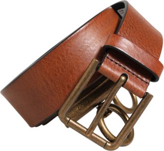Dolce & Gabbana Brown Leather Side Rings Brass Buckle Mens Belt