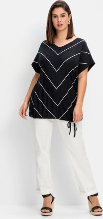 Sheego Kurzarmshirt SHEEGO T-Shirt, Damen, Gr. 44, schwarz-weiss (schwarz, wei&szlig;), 95% Viskose, 5% Elasthan, gemustert, mehrfarbig, V-Ausschnitt, Shirts Kurza