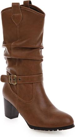 Generic Womens Slouchy Mid-Calf Boots Round Toe Buckle Strap Mid Block Heels Comfortable Non Slip Wear Resistant Daily Casual Party Shoes,Brown,4.5 UK