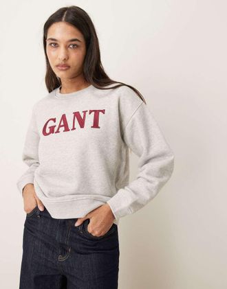 GANT Maglione girocollo grigio con grafica del logo-Bianco
