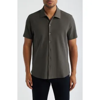 Robert Barakett Sorrell Short Sleeve Cotton Piqu&eacute; Button-Up Shirt in Beluga at Nordstrom, Size X-Large