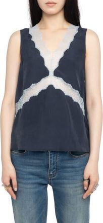 Zadig&Voltaire Tasao Silk Lace Top in Encre at Nordstrom, Size X-Small Regular