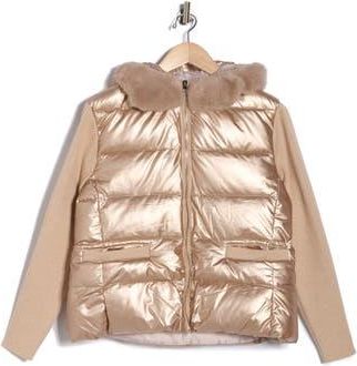 La Fiorentina Faux Fur Trim Hooded Puffer Jacket in Gold at Nordstrom Rack, Size Medium