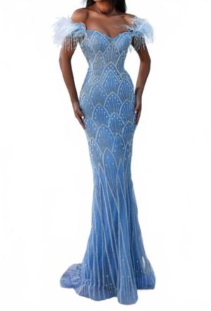 Portia & Scarlett Off Shoulder Sheath Dress In Blue/silver