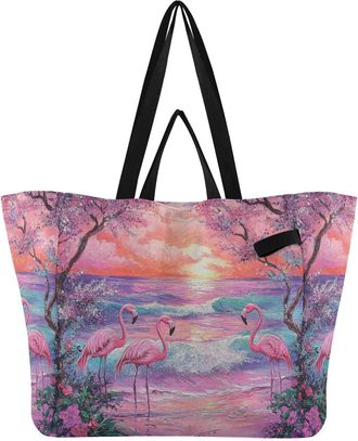 Generic Flamingo Ocean Pink pattern Reusable Canvas Tote Bag, Heavy Duty Grocery Shopping Bag with Hard Bottom Large Capacity Double Handles Work Groceries Tr