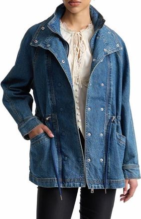 Avec Les Filles Double Breasted Stretch Denim Jacket with Bib Inset in Dusty Blue Wash at Nordstrom, Size Medium