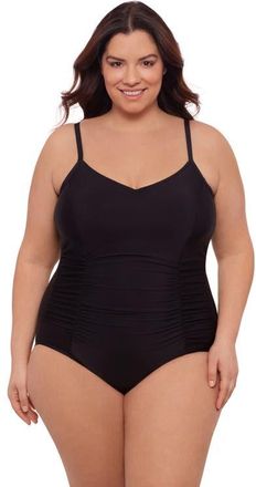 Aqua Green Plus Size Princess Seam V-Neck Side Shirred Adjustable One-Piece Swimsuit in Black at Nordstrom, Size 1X