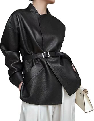 Generic Women Black Leather Jacket Spring Fall Soft Pleather Casual Coat with Belt Stylish Lightweight Jacket Black Large