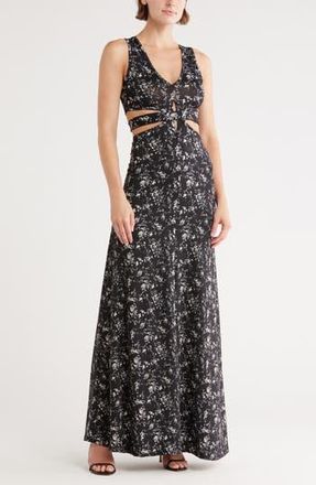 Go Couture Cutout Maxi Dress in Black White Lillies at Nordstrom Rack, Size Large