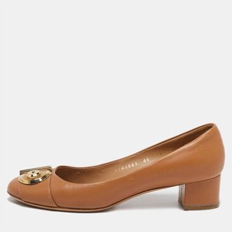 Ferragamo Brown Leather Fiamma Keyhole Block Heel Pumps