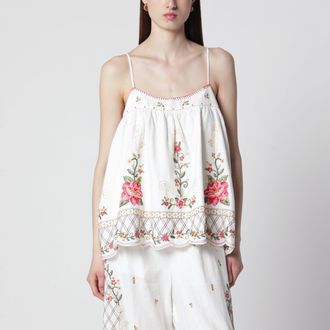 Farm Rio Linen-blend top with floral embroidery