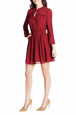 Kensie Chiffon Tie Neck Waistband Fit And Flare Dress In Burgundy