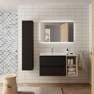 Cygnus Bath Salgar - Mueble Ba&ntilde;o Bequia 100 Cm Negro Y Coqueta Derecha Roble Con Lavabo