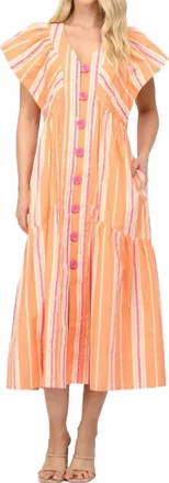 Fate Stripe V-Neck Midi Dress With Swirl Button In Orange Multi