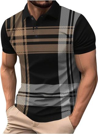 Generic Polos Shirts for Men Lapel Collar Shirt Tops Striped Printed Short Sleeve Lightweight Golf Shirt Summer Vacation T Shirts