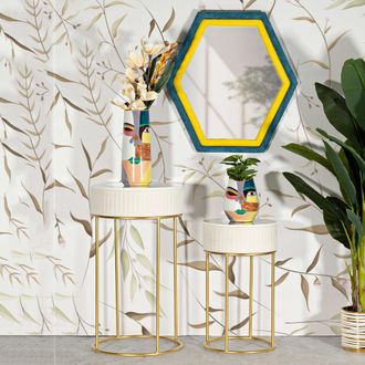 Dmora Mesa De Centro Davapa, Set De 2, Forma Redonda, Color Blanco, 50x50x90h Cm Blanco Crema