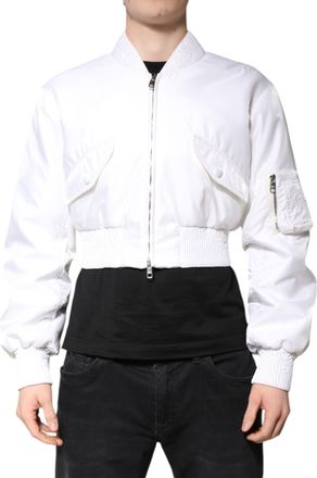 Dolce & Gabbana White Nylon Full Zip Cropped Bomber Mens Jacket (Pre-Owned)