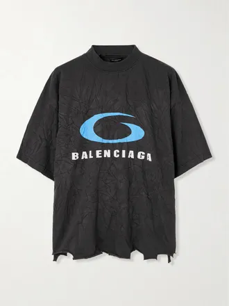 Balenciaga T-shirt Cropped In Jersey Di Cotone Effetto Consumato Con Stampa - Nero