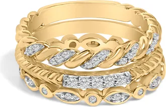 House of Brilliance 14K Yellow Gold Plated Sterling Silver 1/4 Cttw Diamond Twist Leaf Stackable Ring Set